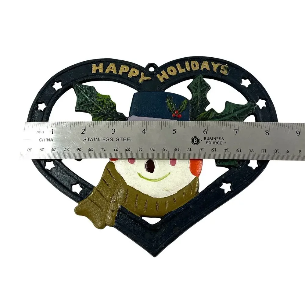 Vintage Cast Iron Happy Holidays Snowman Heart Christmas Trivet 8”